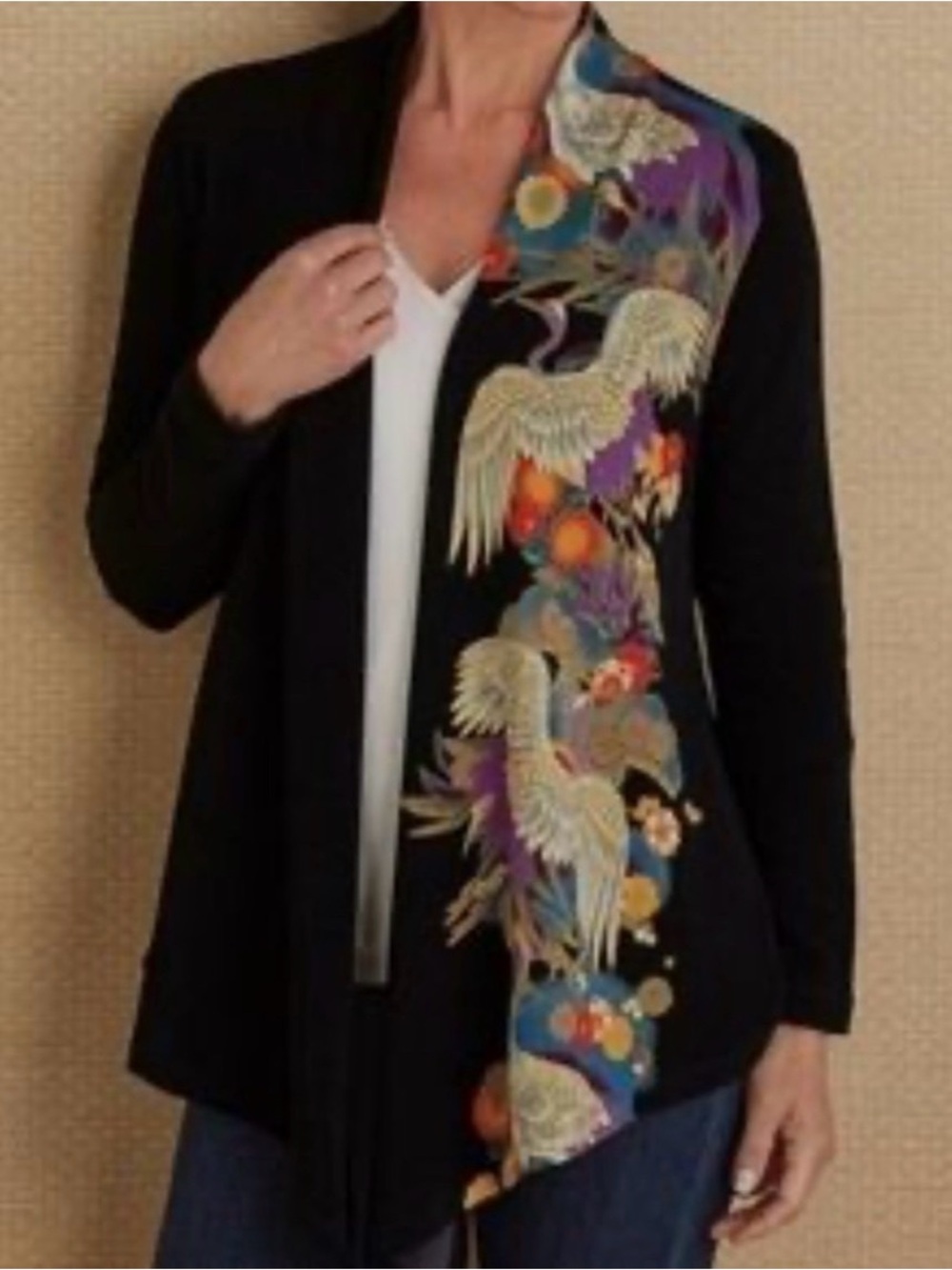 Soft‎ Surroundings Printed Open Black Knit Stretch Cardigan Size XL Extra Large